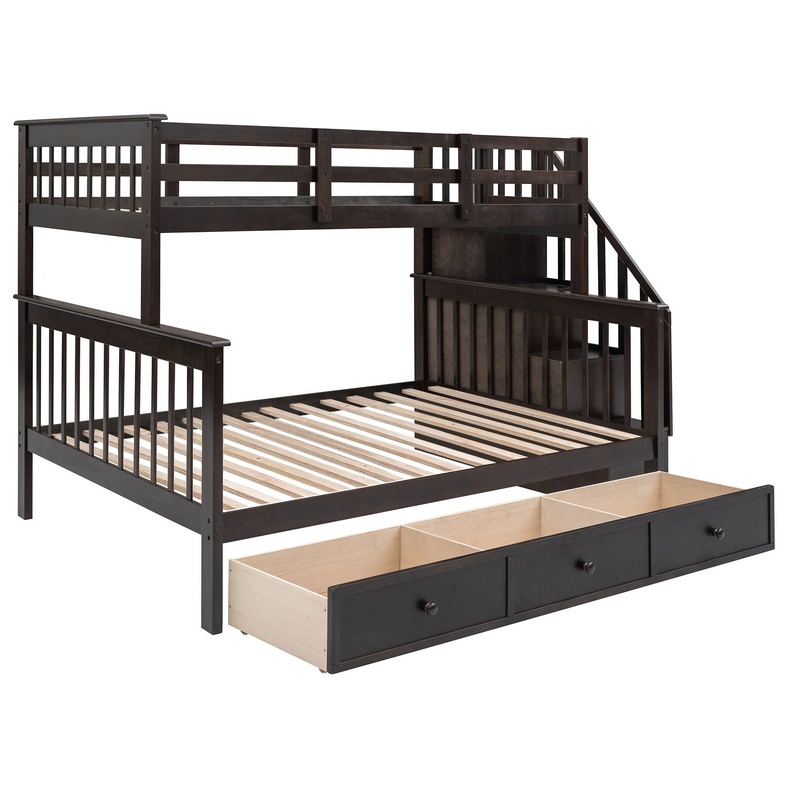 Twin Over Full Stairway Bunk Bed With Drawer, Storage And Guard Rail For Bedroom – Espresso