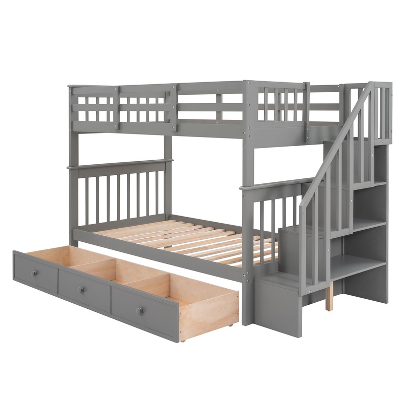 Twin Over Twin Bunk Stairway Bed With Three Drawers For Bedroom – Gray