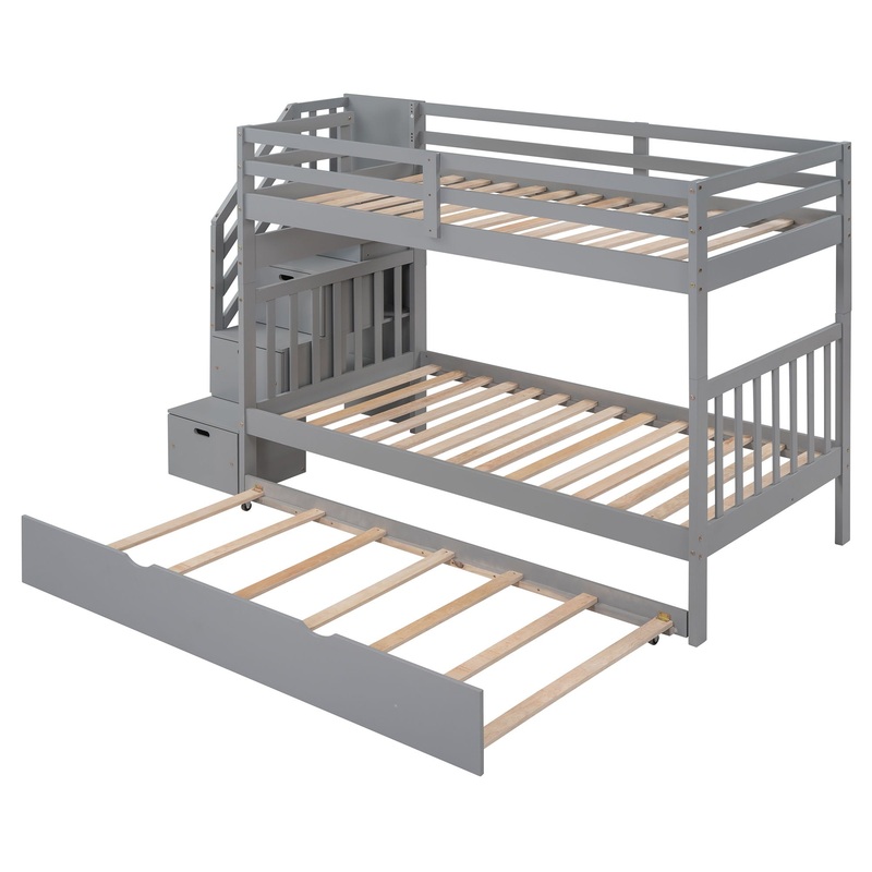 Twin Over Twin / Full Bunk Bed With Twin Size Trundle – Gray