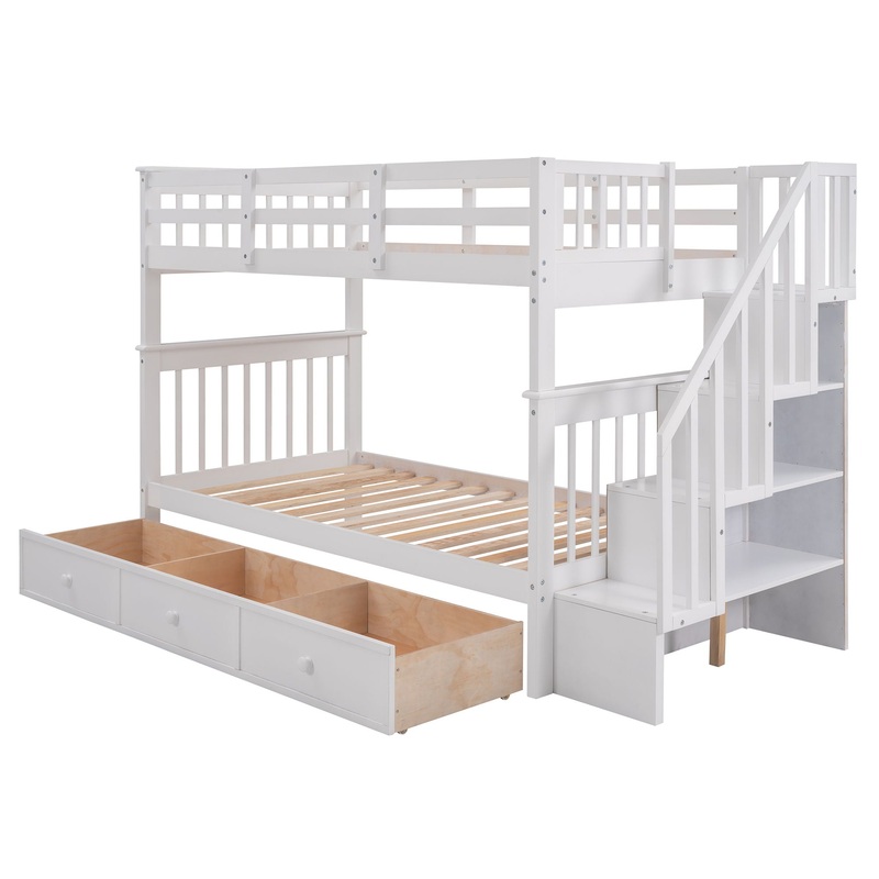 Twin Over Twin Stairway Bunk Bed With Three Drawers For Bedroom – White