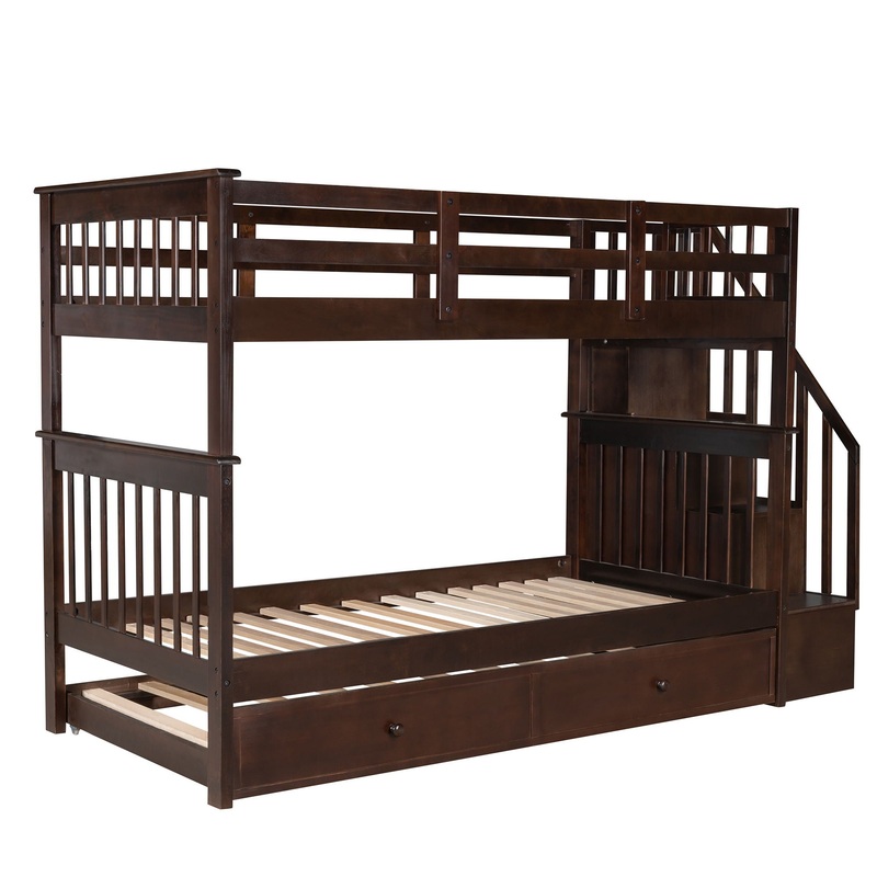 Twin Over Twin Stairway Bunk Bed With Twin Size Trundle For Bedroom – Espresso