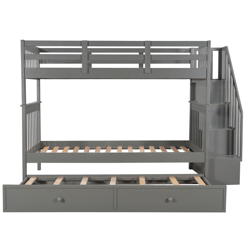 Twin Over Twin Stairway Bunk Bed With Twin Size Trundle For Bedroom – Gray