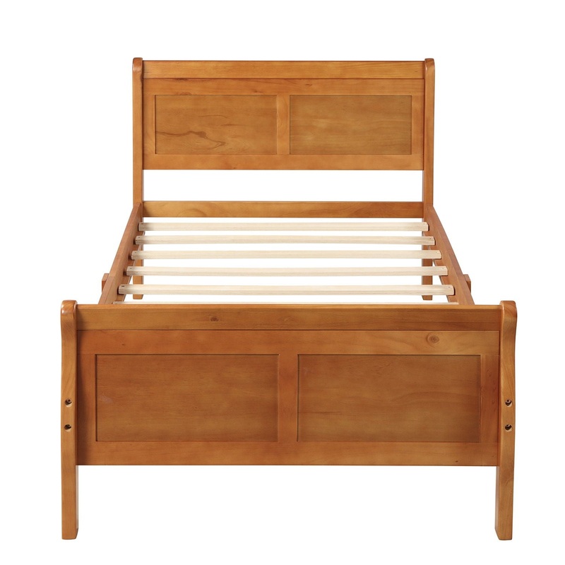 Twin Platform Bed Frame Mattress Foundation Sleigh Bed With Headboard, Footboard, Slat Support – Oak