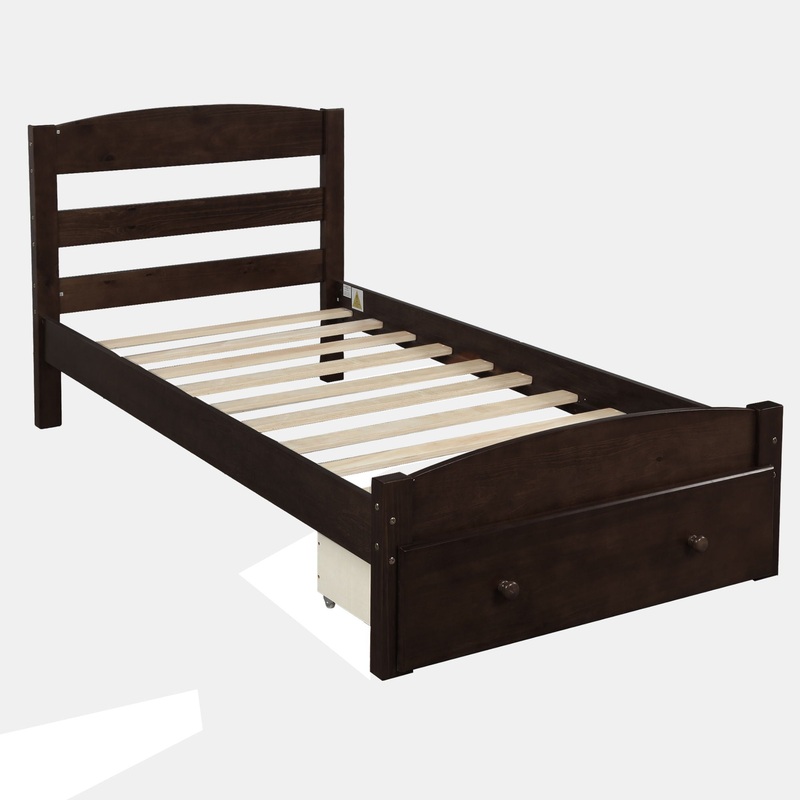 Twin Platform Bed Frame With Storage Drawer And Slat Support No Box Spring Needed – Espresso