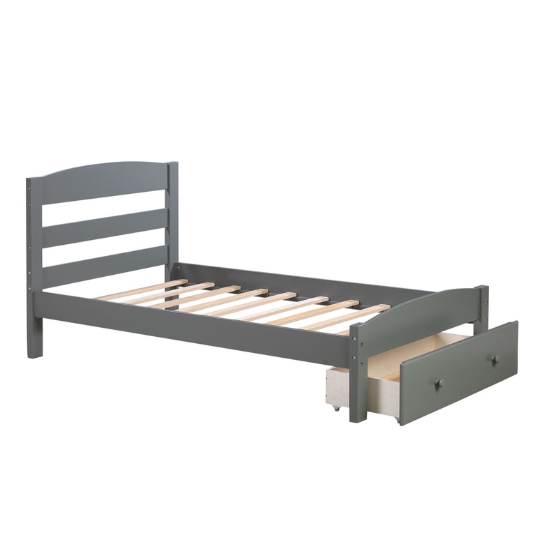 Twin Platform Bed Frame With Storage Drawer And Slat Support No Box Spring Needed – Gray