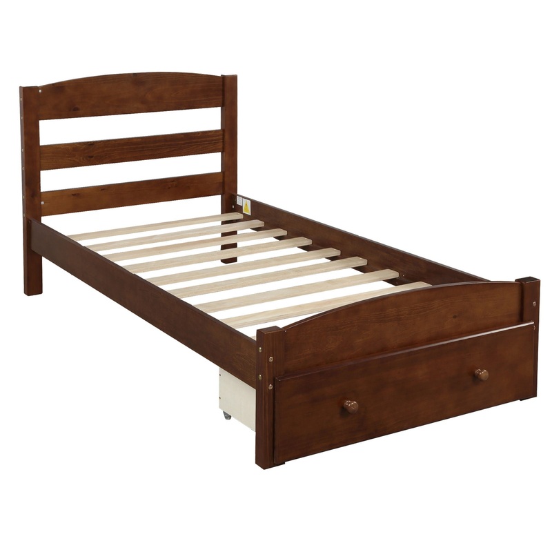 Twin Platform Bed Frame With Storage Drawer And Slat Support No Box Spring Needed – Walnut