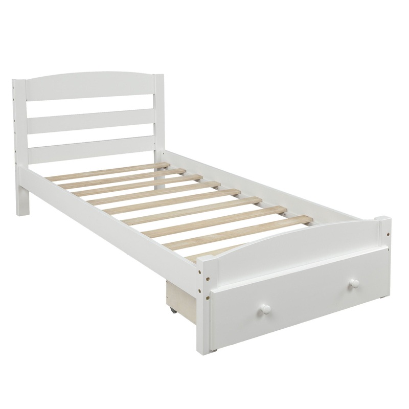 Twin Platform Bed Frame With Storage Drawer And Slat Support No Box Spring Needed – White