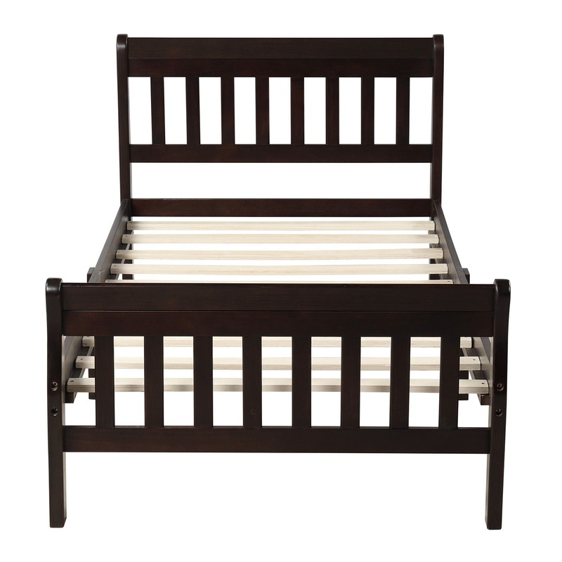 Twin Platform Bed, Mattress Foundation Sleigh Bed With Headboard, Footboard, Slat Support – Espresso