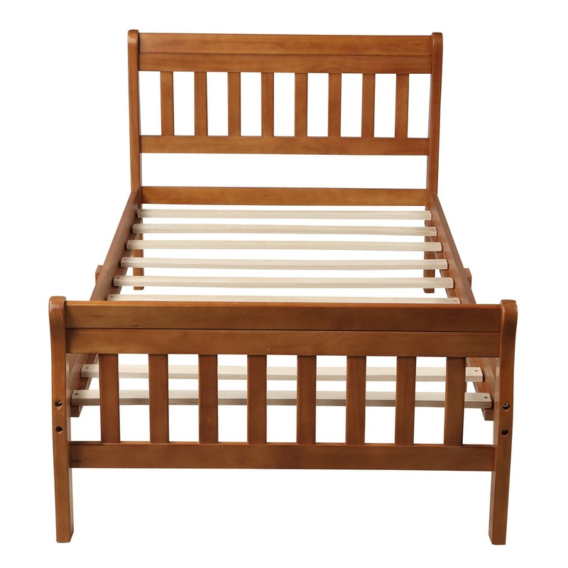 Twin Platform Bed, Mattress Foundation Sleigh Bed With Headboard, Footboard, Slat Support – Oak