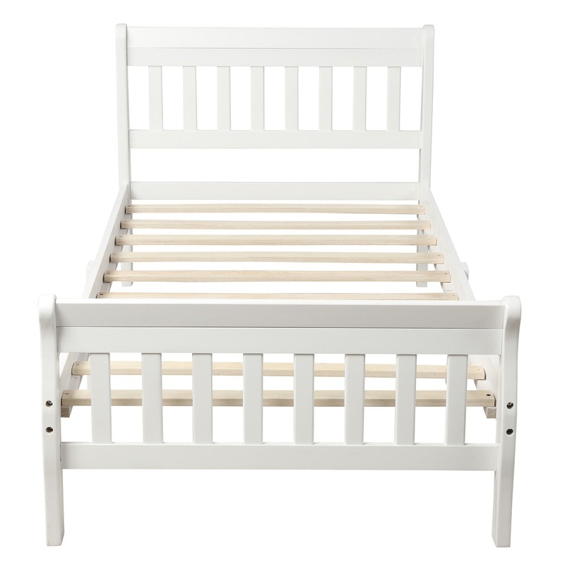 Twin Platform Bed, Mattress Foundation Sleigh Bed With Headboard, Footboard, Slat Support – White