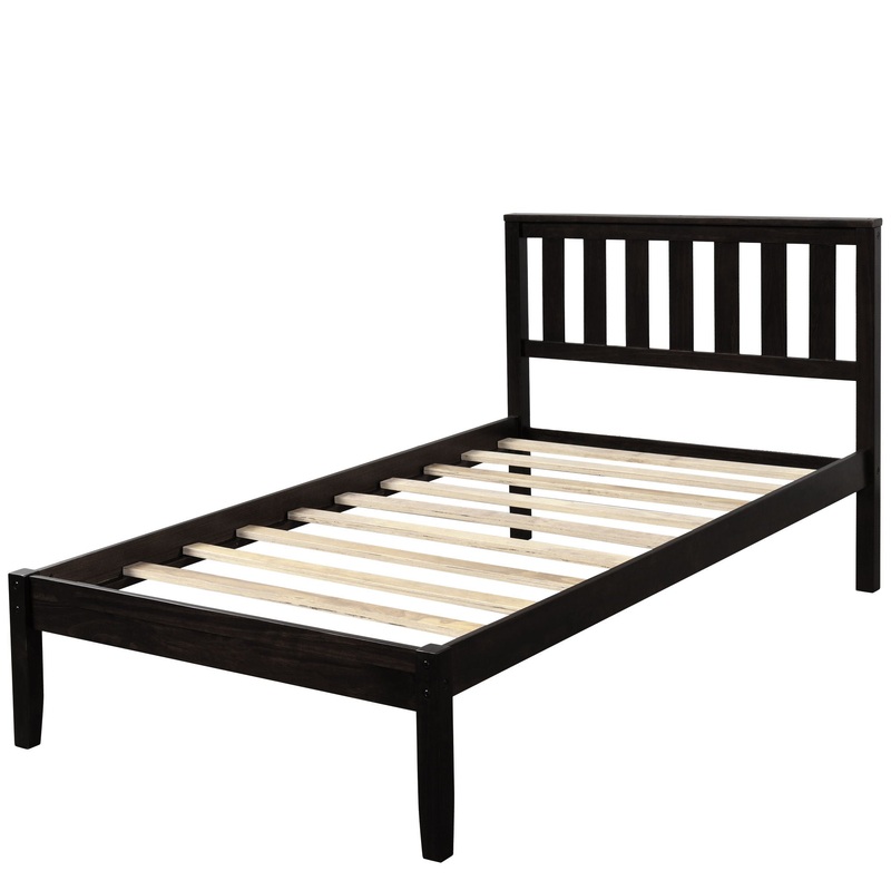Twin Platform Bed With Headboard / Slat Support – Espresso