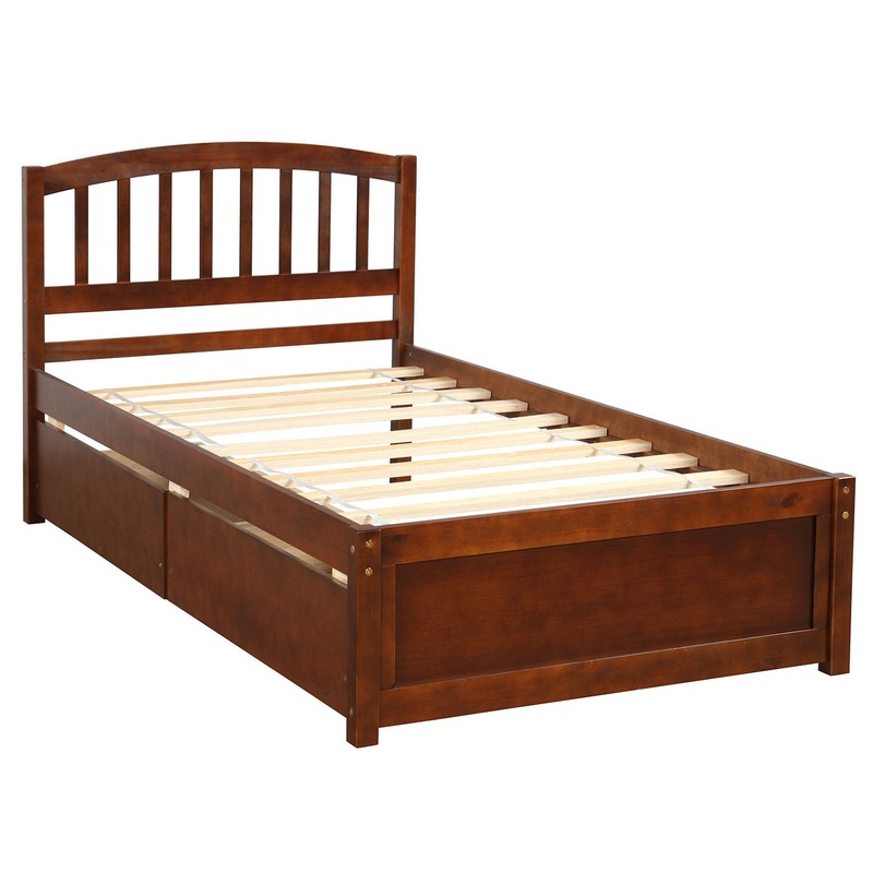 Twin Platform Storage Bed Frame With Two Drawers And Headboard – Walnut
