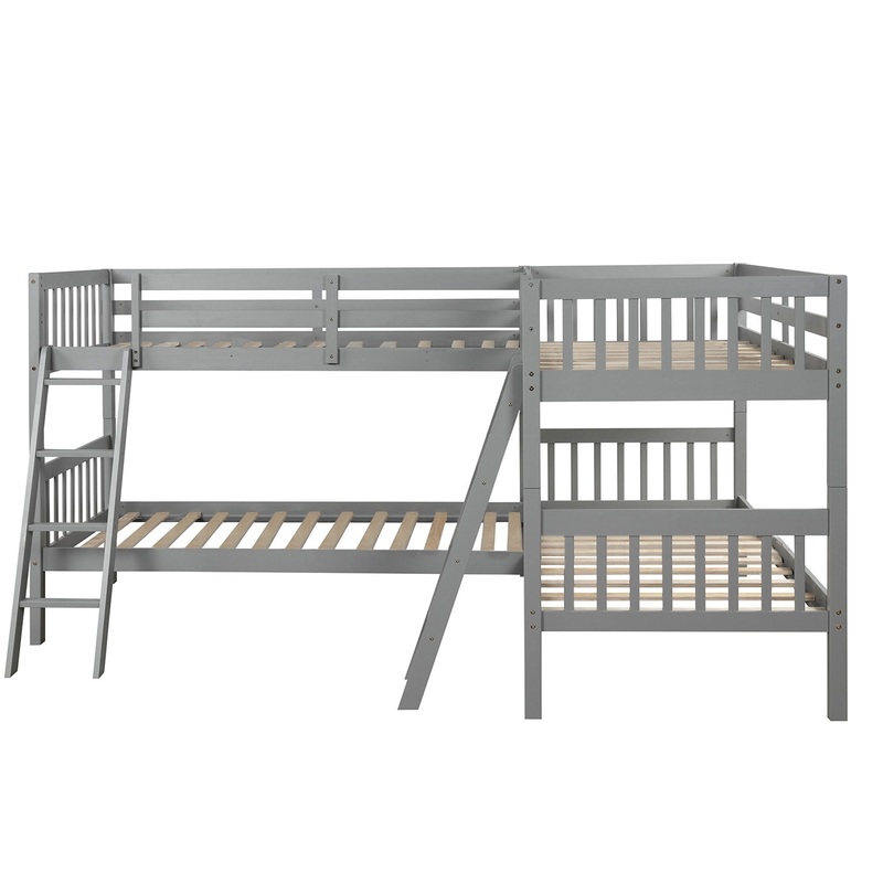 Twin Size L Shaped Bunk Bed With Ladder – Gray