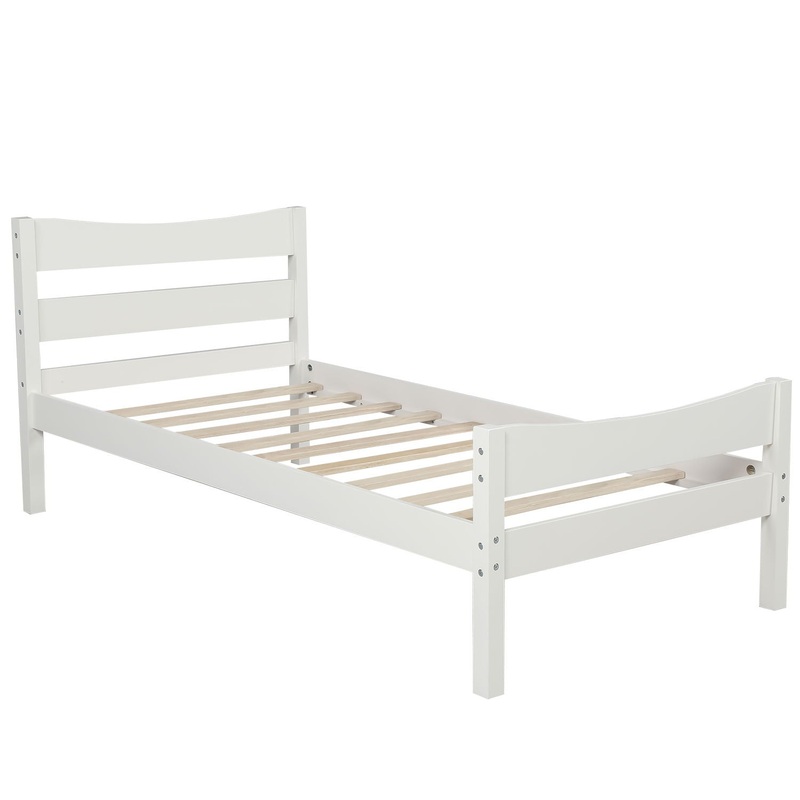 Twin Size Platform Bed With Headboard And Slat Support – White