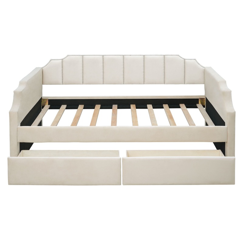 Twin Size Upholstered Classic Daybed With Drawers, Slat Support – Beige