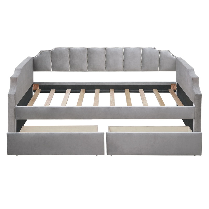 Twin Size Upholstered Classic Daybed With Drawers, Slat Support – Gray
