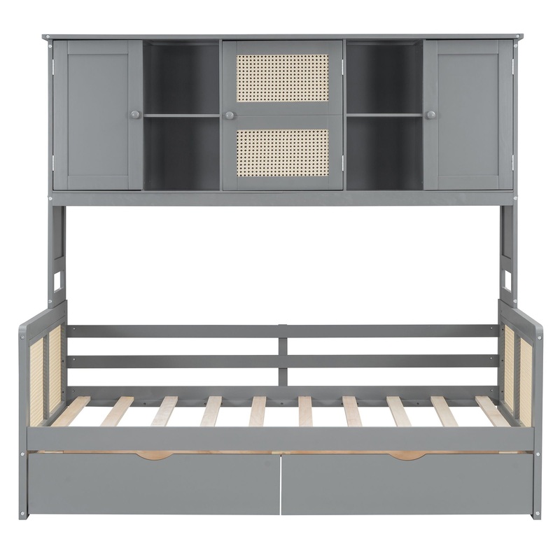Twin Size Wooden Daybed With 2 Drawers, And All In One Cabinet And Shelf – Gray