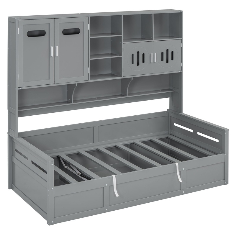 Twin Size Wooden Daybed With Hydraulic Bed And All In One Cabinet And Shelf – Gray