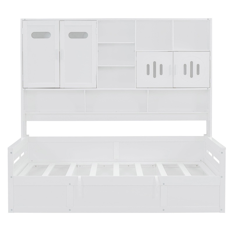 Twin Size Wooden Daybed With Hydraulic Bed And All In One Cabinet And Shelf – White