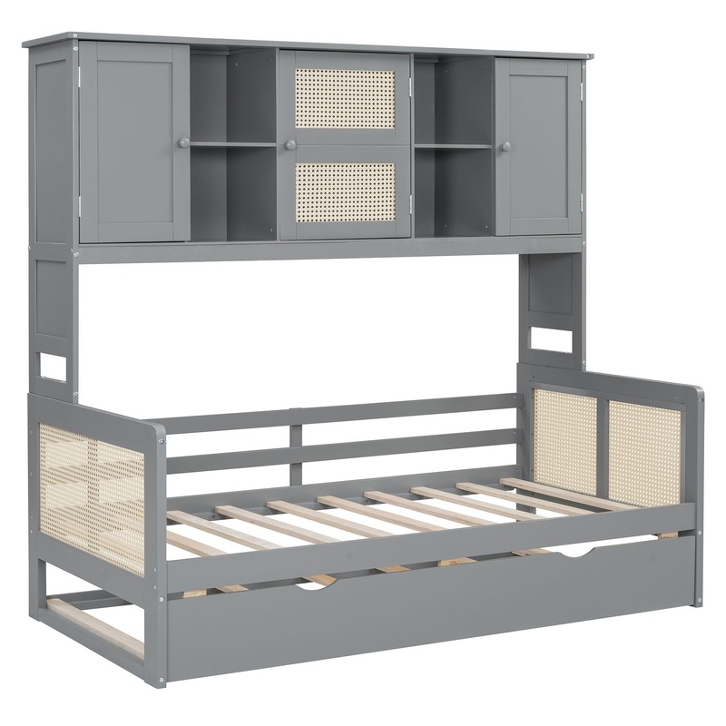 Twin Size Wooden Daybed With Twin Size Trundle, And All In One Cabinet And Shelf – Gray