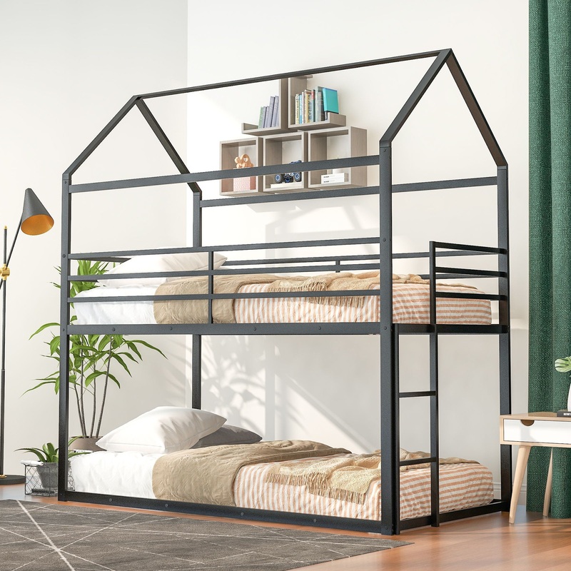Bunk Beds Twin Over Twin, House With Frame Built-In Ladder, No Box Spring Needed – Black