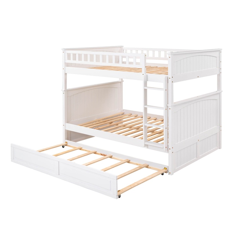 Full Over Full Bunk Bed With Twin Size Trundle, Guardrails – White