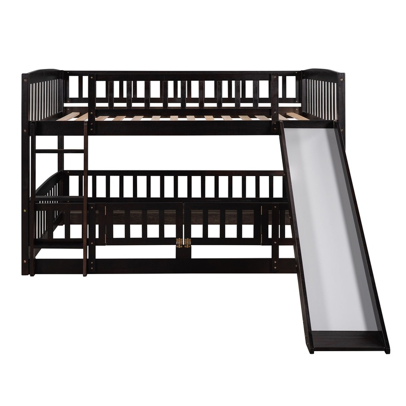 Full Over Full Low Bunk Bed With Slide, Fence And Ladder For Toddler – Espresso