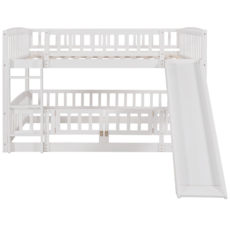Full Over Full Low Bunk Bed With Slide, Fence And Ladder For Toddler – White