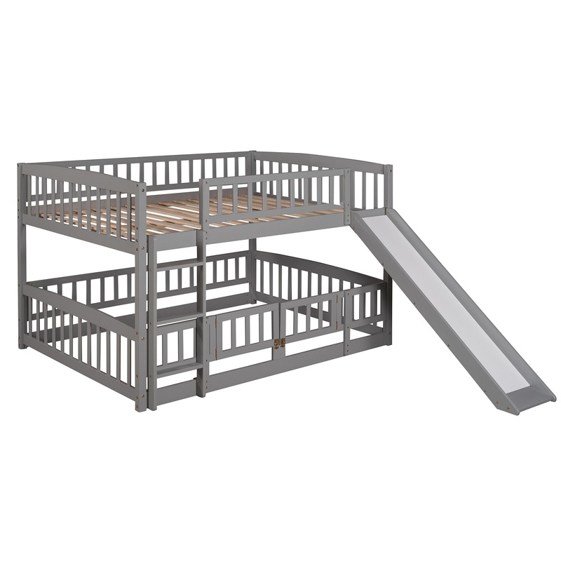 Full Over Full Low Bunk Bed With Slide, Fence And Ladder – Gray
