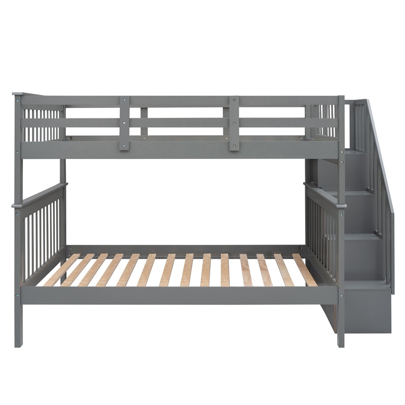 Full Over Full Stairway Bunk Bed With Storage And Guard Rail For Bedroom – Gray