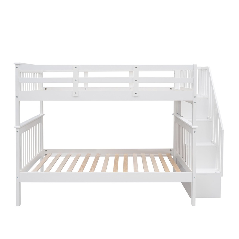 Full Over Full Stairway Bunk Bed With Storage And Guard Rail For Bedroom – White