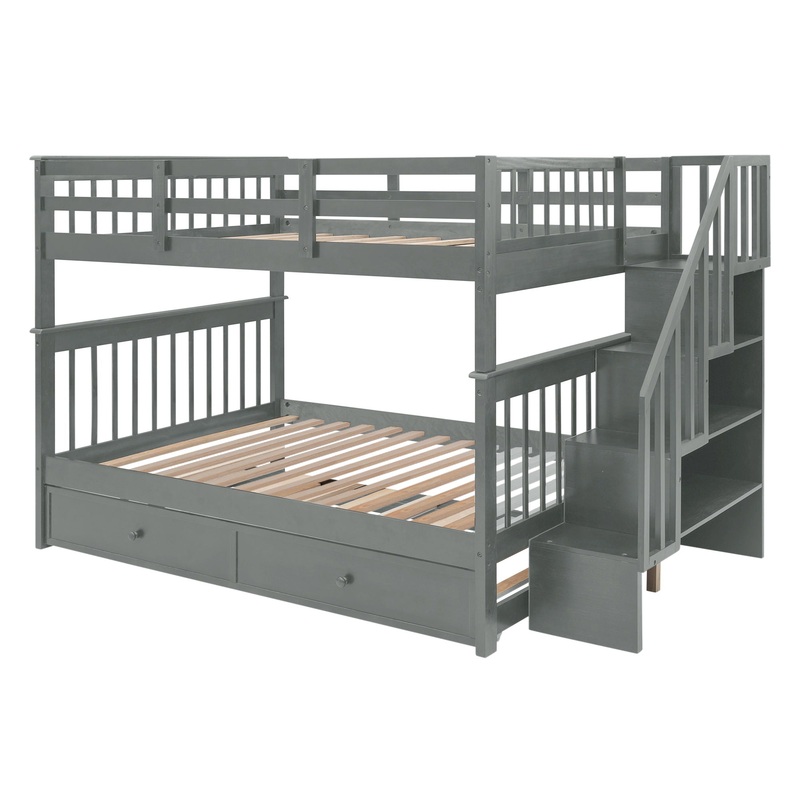 Full Over Full Stairway Bunk Bed With Twin Size Trundle, Storage And Guard Rail For Bedroom – Gray