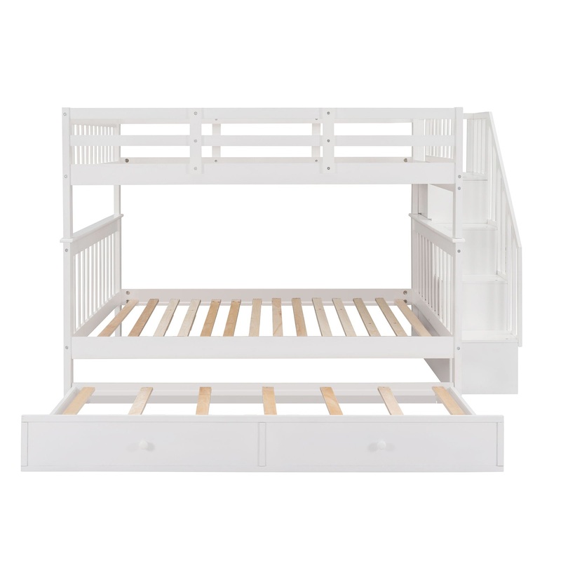 Full Over Full Stairway Bunk Bed With Twin Size Trundle, Storage And Guard Rail For Bedroom – White