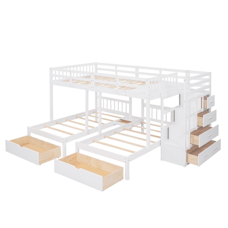 Full Over Twin & Twin Classic Triple Bunk Bed With Drawers And Guardrails – White