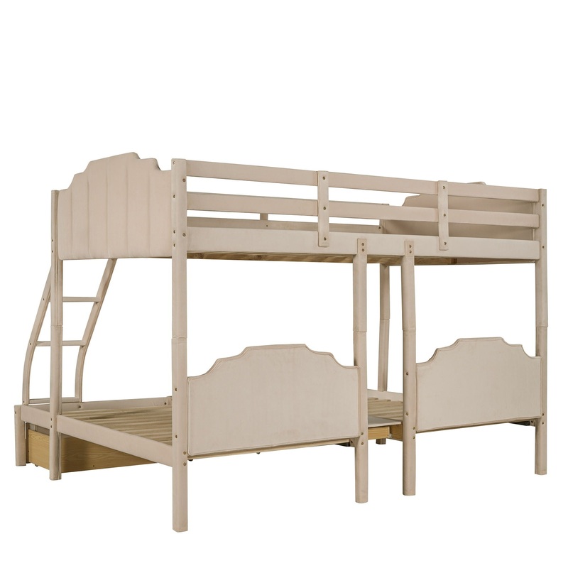 Full Over Twin & Twin Triple Bunk Bed With Drawers And Guardrails – Beige