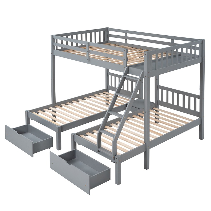 Full Over Twin & Twin Triple Bunk Bed With Drawers And Guardrails – Gray