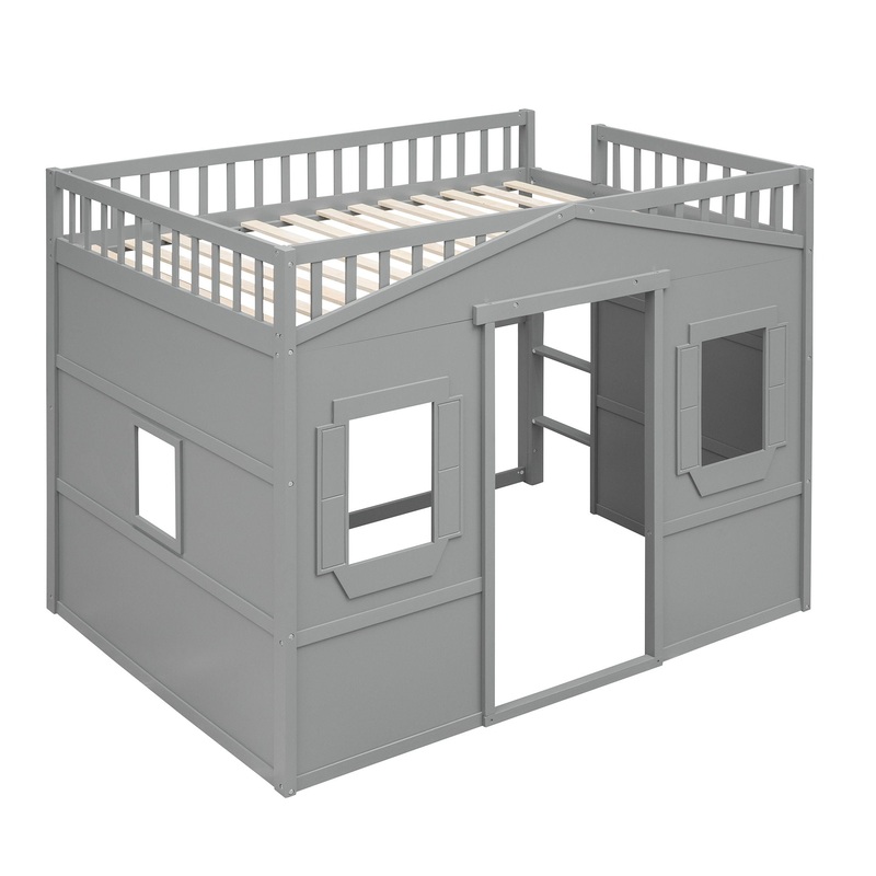 Full Size House Loft Bed With Ladder – Gray