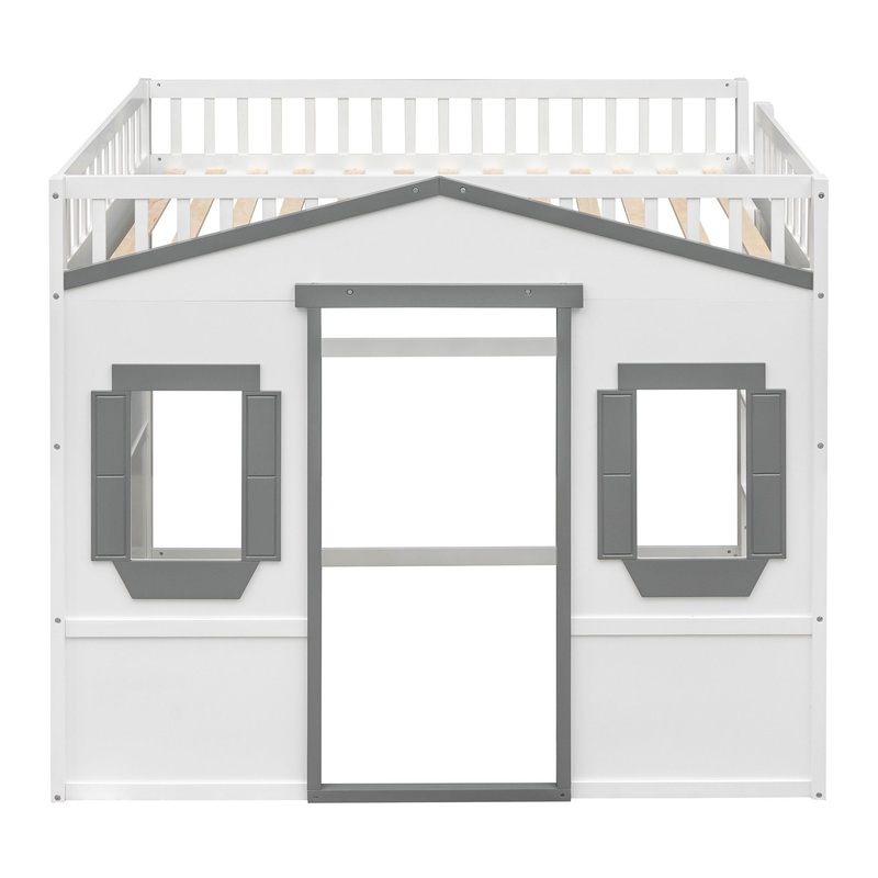 Full Size House Loft Bed With Ladder – White / Gray