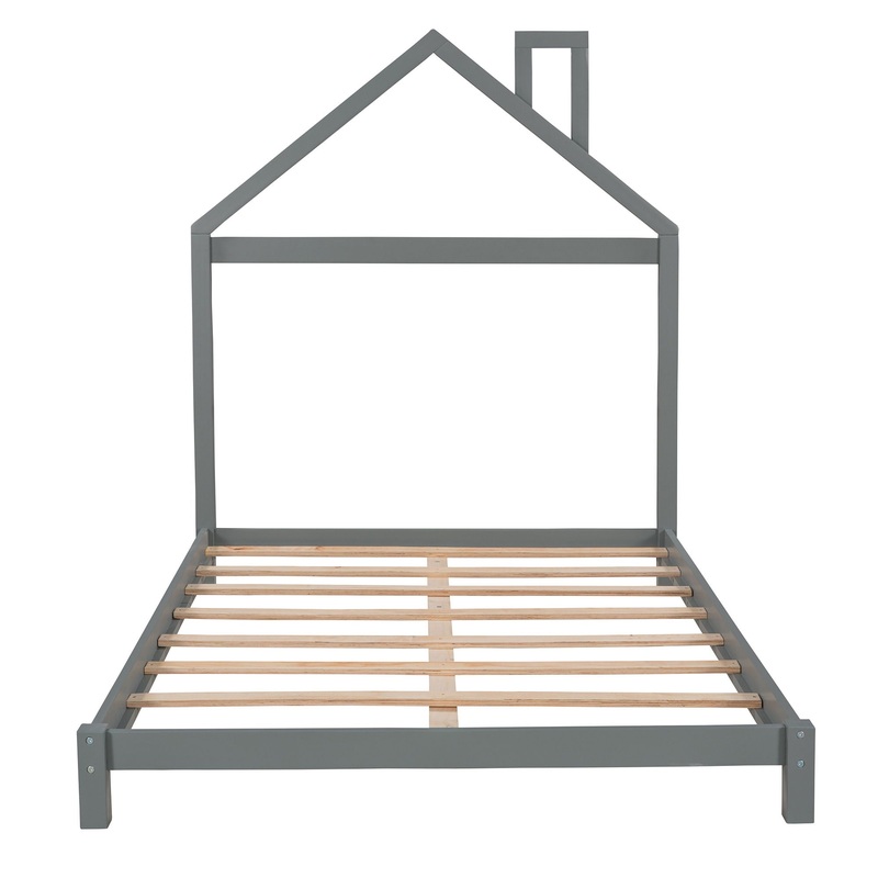 Full Size Platform Bed With House Shaped Headboard – Gray