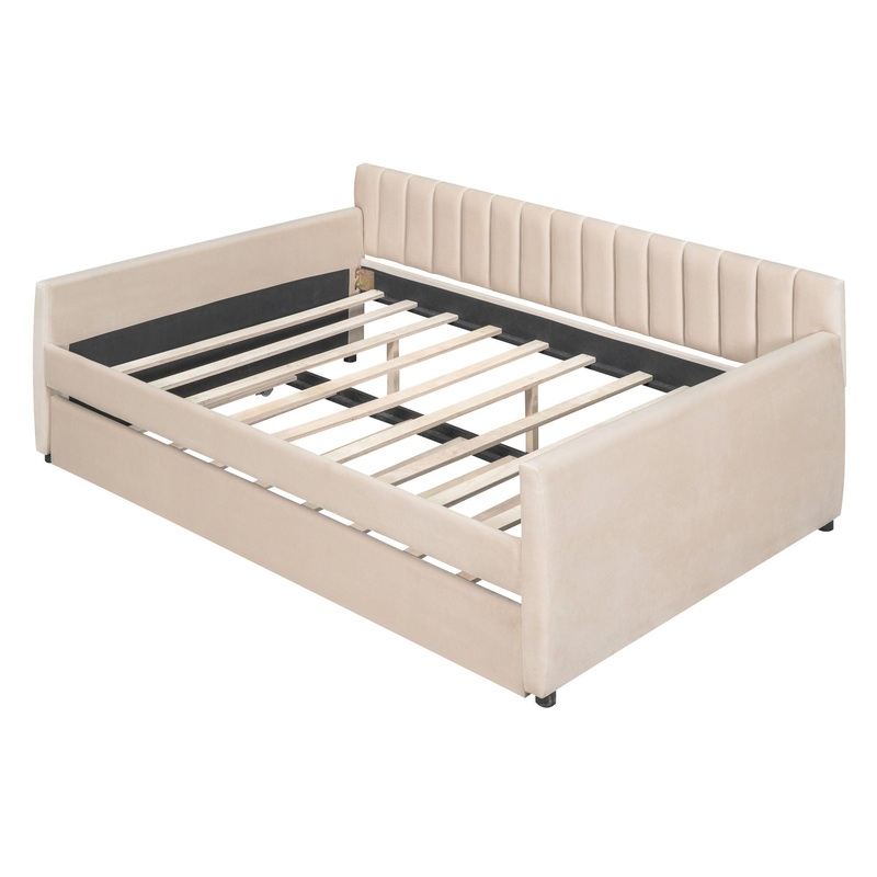 Full Size Upholstered Daybed With Trundle And Slat Support – Beige