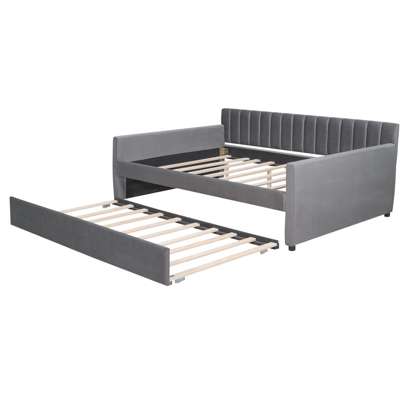 Full Size Upholstered Daybed With Trundle And Slat Support – Gray