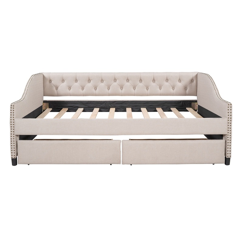 Full Size Upholstered Daybed With Two Drawers, Slat Support – Beige