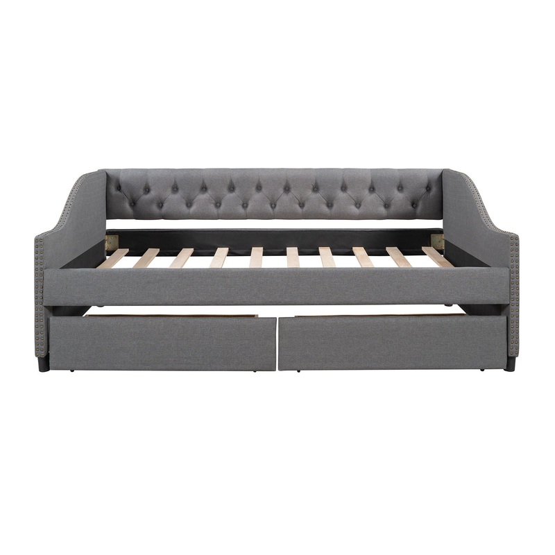 Full Size Upholstered Daybed With Two Drawers, Slat Support – Gray