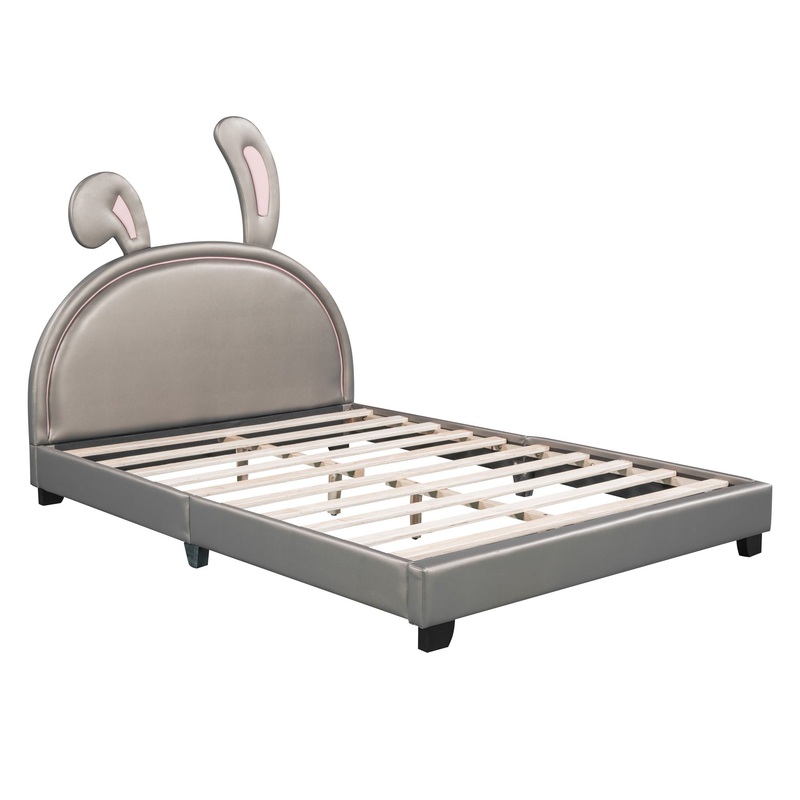 Full Size Upholstered Leather Platform Bed With Rabbit Ornament – Gray