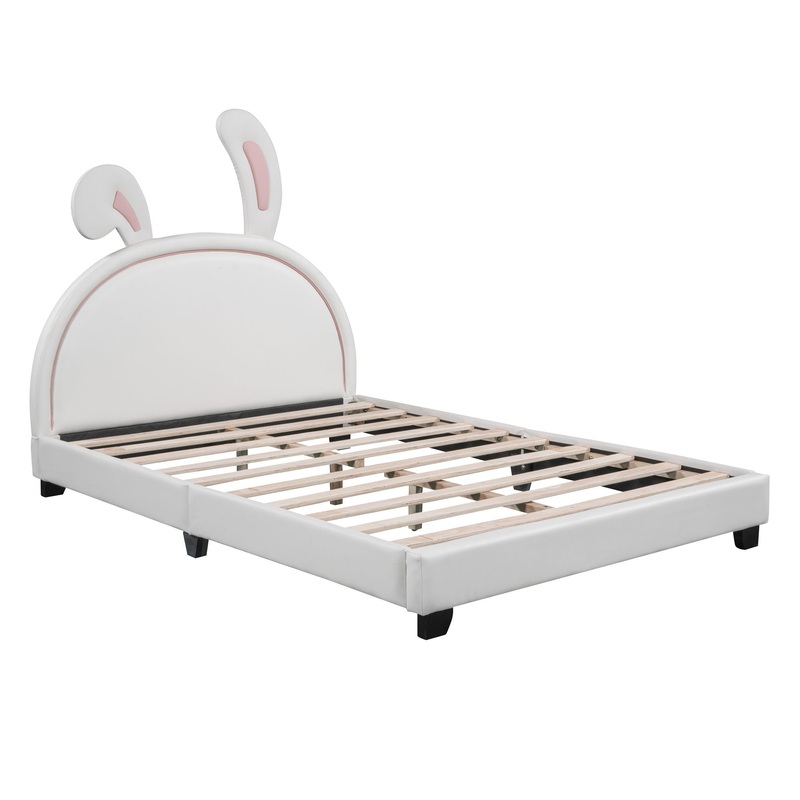 Full Size Upholstered Leather Platform Bed With Rabbit Ornament – White