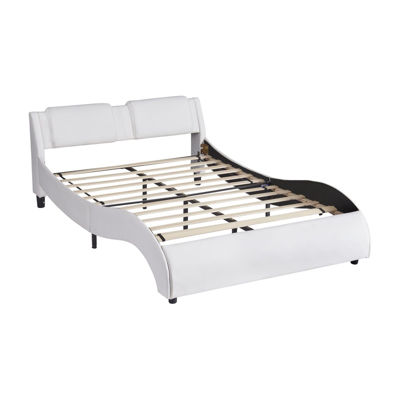Full Size Upholstered Platform Bed With LED Light Frame With Slatted – White