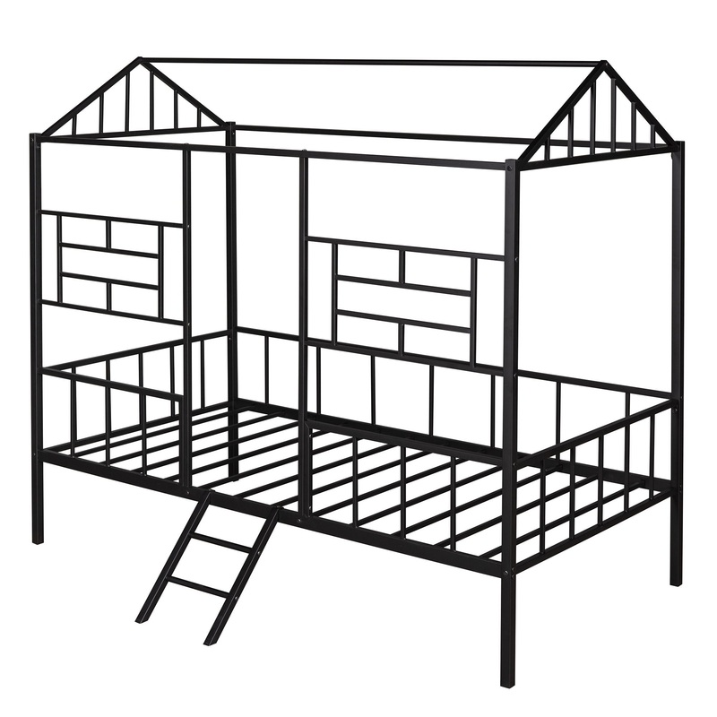 House Bed Frame Twin Size With Slatted Support No Box Spring Needed – Black