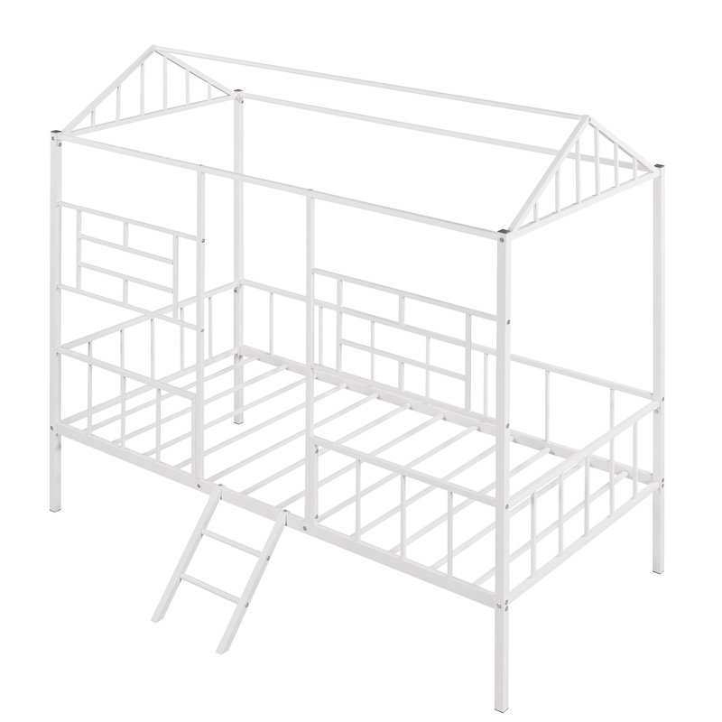 House Bed Frame Twin Size With Slatted Support No Box Spring Needed – White
