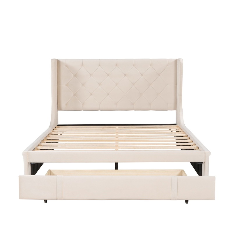 Queen Size Storage Upholstered Platform Bed With Wingback Headboard And A Big Drawer – Beige