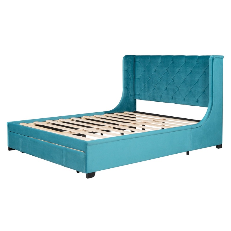 Queen Size Storage Upholstered Platform Bed With Wingback Headboard And A Big Drawer – Blue